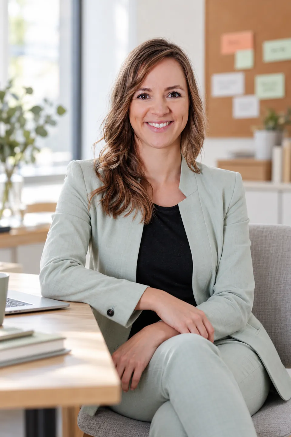 Bettina Rudolph lächelt in hellgrünem Blazer an einem Schreibtisch in einem hellen Büro.